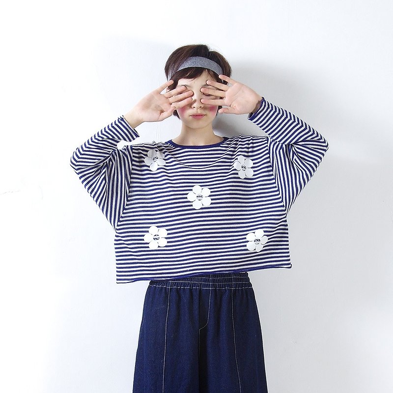 蓝白条纹花朵丝毛衫 ( 缝制版 )- imakokoni - 女装上衣 - 羊毛 蓝色