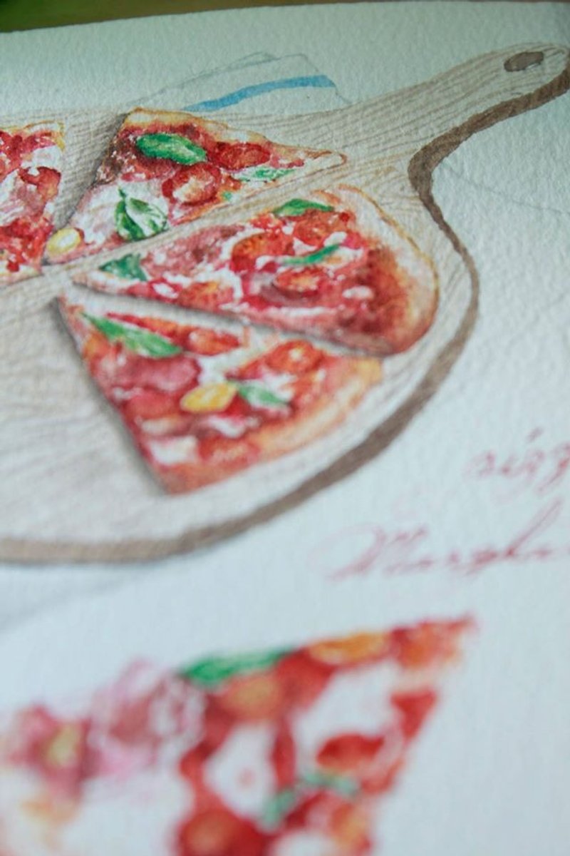 饮食与旅行手绘明信片-玛格丽特披萨 - 卡片/明信片 - 纸 白色