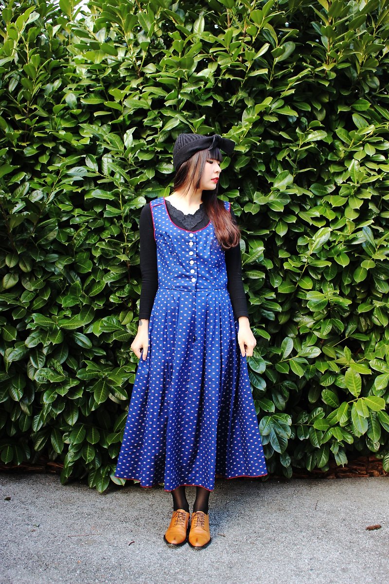 F838(Vintage)深蓝色小碎花红色滚边棉质背心洋装(奥地利传统Dirndl) - 洋装/连衣裙 - 其他材质 蓝色