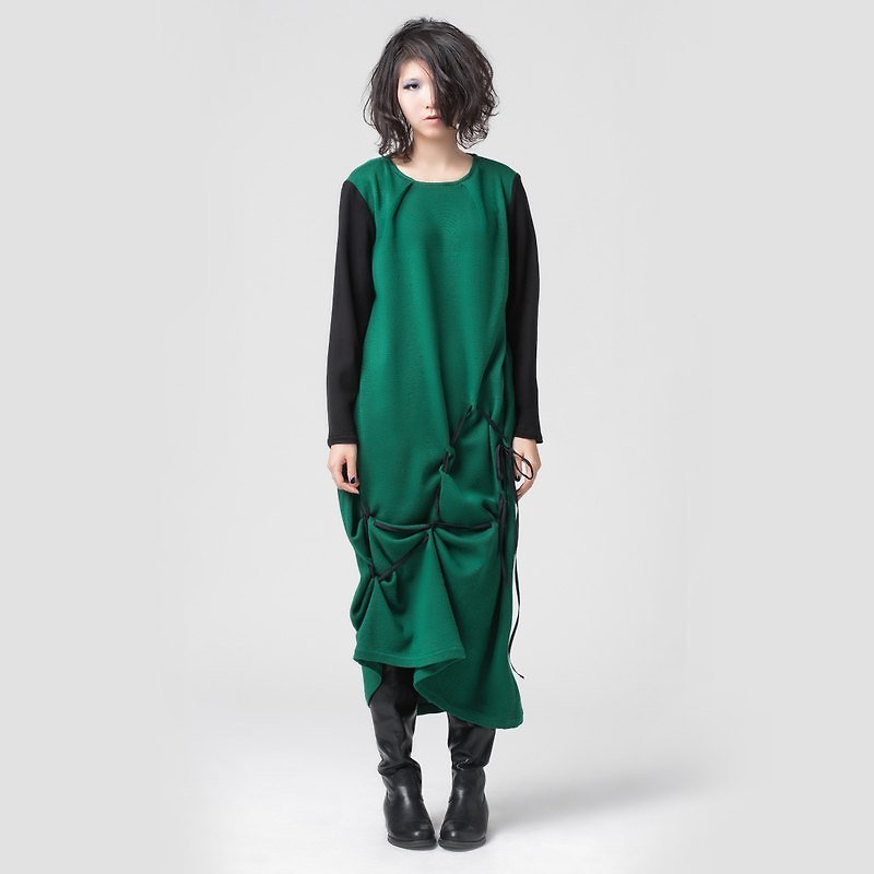 【DRESS】针织抽绳洋装 - 洋装/连衣裙 - 羊毛 绿色