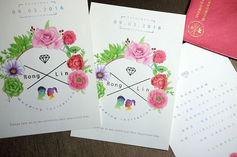 【定制化喜帖/婚卡】水彩手绘设计-明信片/卡片款 - 喜帖 - 纸 粉红色