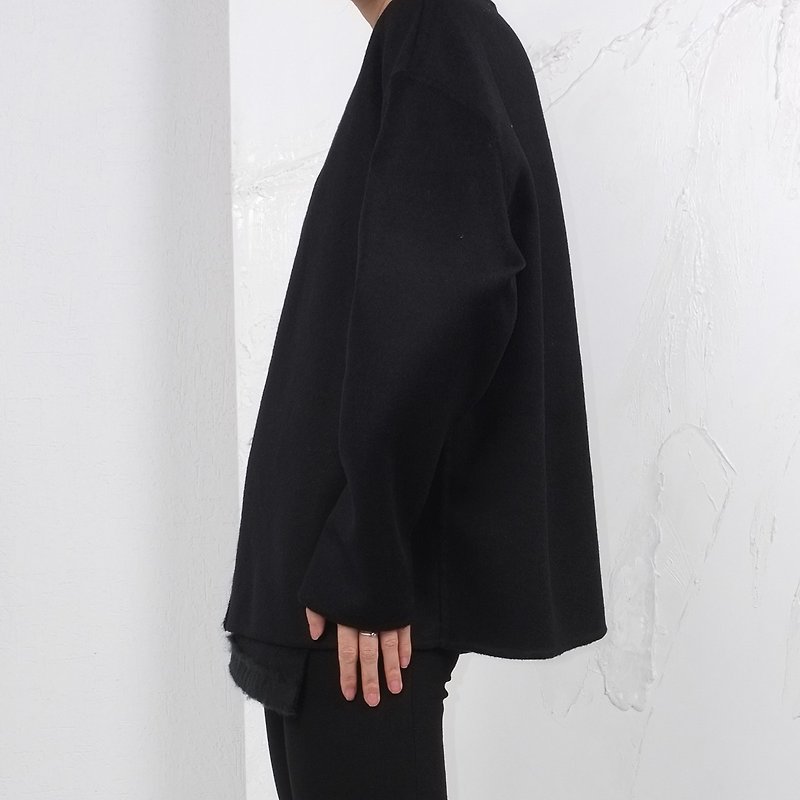 杲果/GAOGUO原创设计师女装品牌 不对称黑羊毛双面呢短呢上衣外套 - 女装休闲/机能外套 - 其他材质 黑色