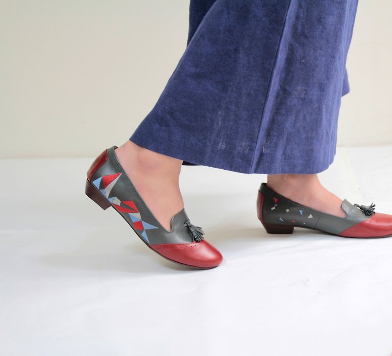 刺绣手工低跟牛津鞋- 三角舞曲/红蓝 (出清品) - 女款皮鞋 - 真皮 蓝色