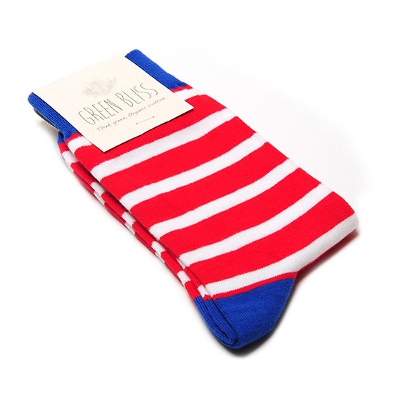 GREEN BLISS 有机棉袜 - 条纹系列 Cyclamen 蓝口白红条纹 中长袜 (男/女) - 袜子 - 棉．麻 红色