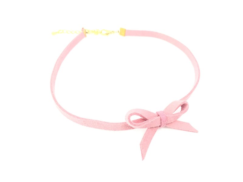 粉色蝴蝶结手工颈链 - 项链 - 真皮 粉红色