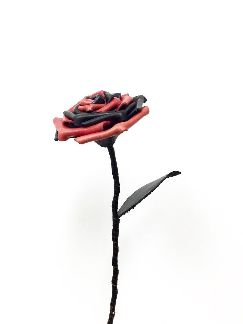 红黑间色皮革玫瑰【花】 - 干燥花/捧花 - 真皮 黑色
