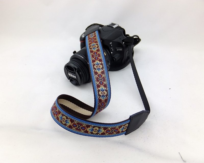 相机背带 个性定制 可印字 真皮拼接 刺绣花纹  民族风038 - 相机背带/脚架 - 纸 蓝色
