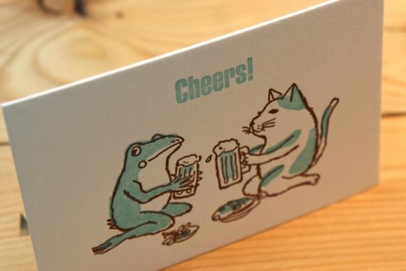 活版グリーティングカード　猫とカエルが乾杯　ブルーグリーン　2枚セット - 卡片/明信片 - 纸 