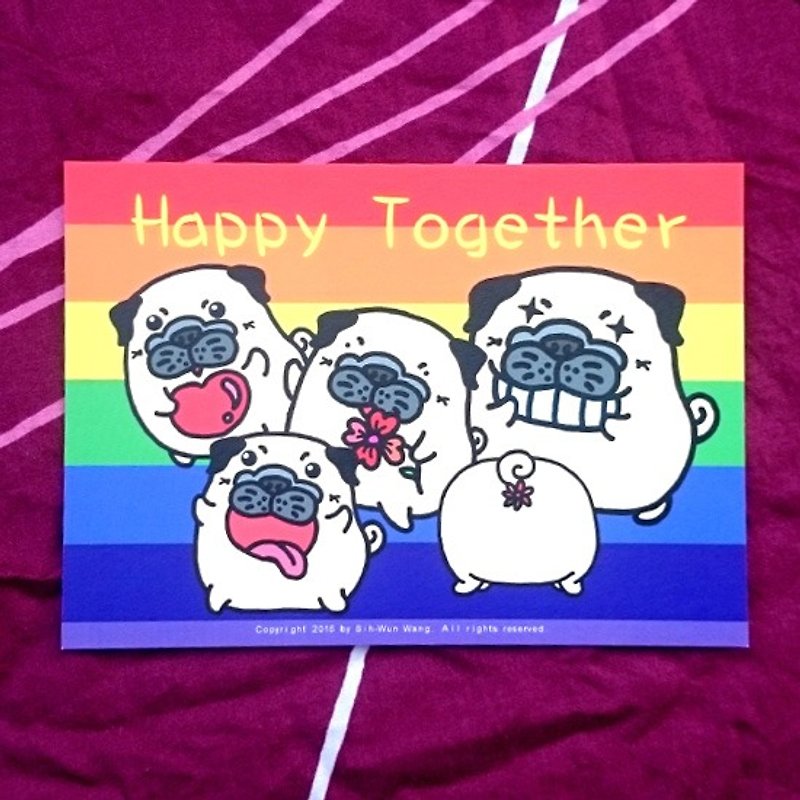 Happy Together 巴哥明信片 - 卡片/明信片 - 纸 白色
