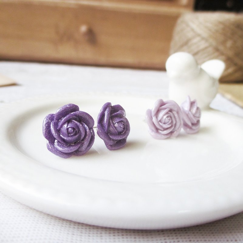 紫玫瑰 珍贵独特。手工玫瑰 不绣钢耳针 针式/夹式 - 耳环/耳夹 - 其他材质 紫色