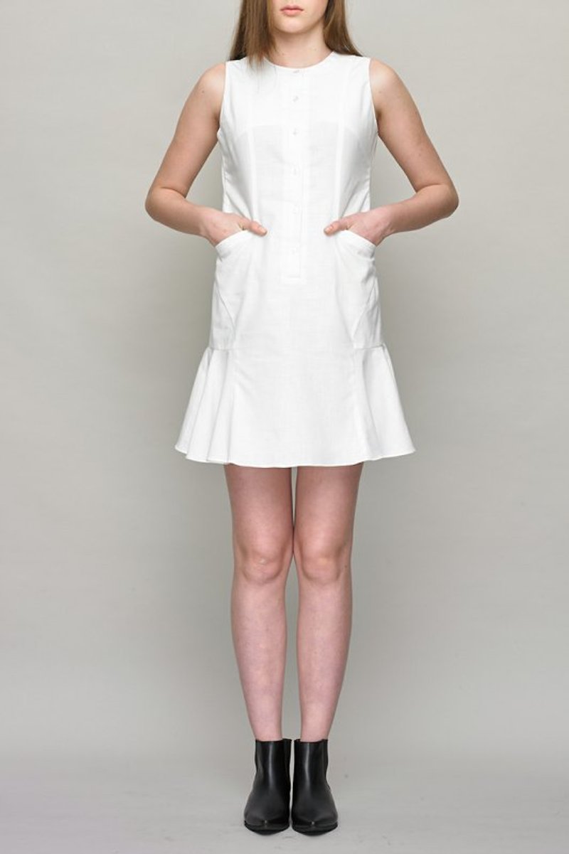衬衫式裙摆洋装 - 洋装/连衣裙 - 棉．麻 白色