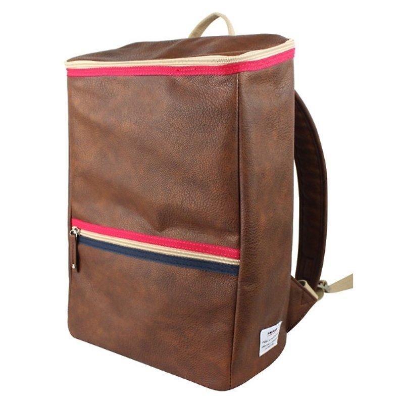 AMINAH-咖啡色间色方包【am-0263】 - 后背包/双肩包 - 人造皮革 咖啡色