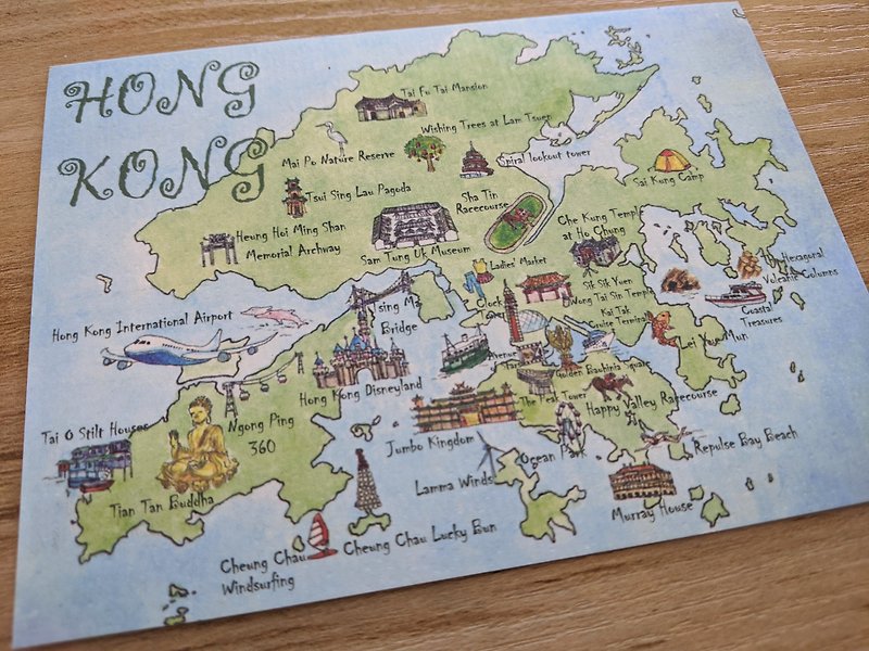 手绘明信片 – 香港地图 - 卡片/明信片 - 纸 多色