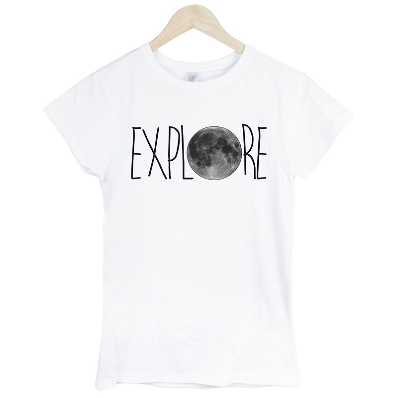 EXPLORE-MOON女生短袖T恤-白色 探险 月亮 宇宙 地图 旅行 摄影 照片 年轻 生活 文青 设计 自创 品牌 - 女装 T 恤 - 棉．麻 白色