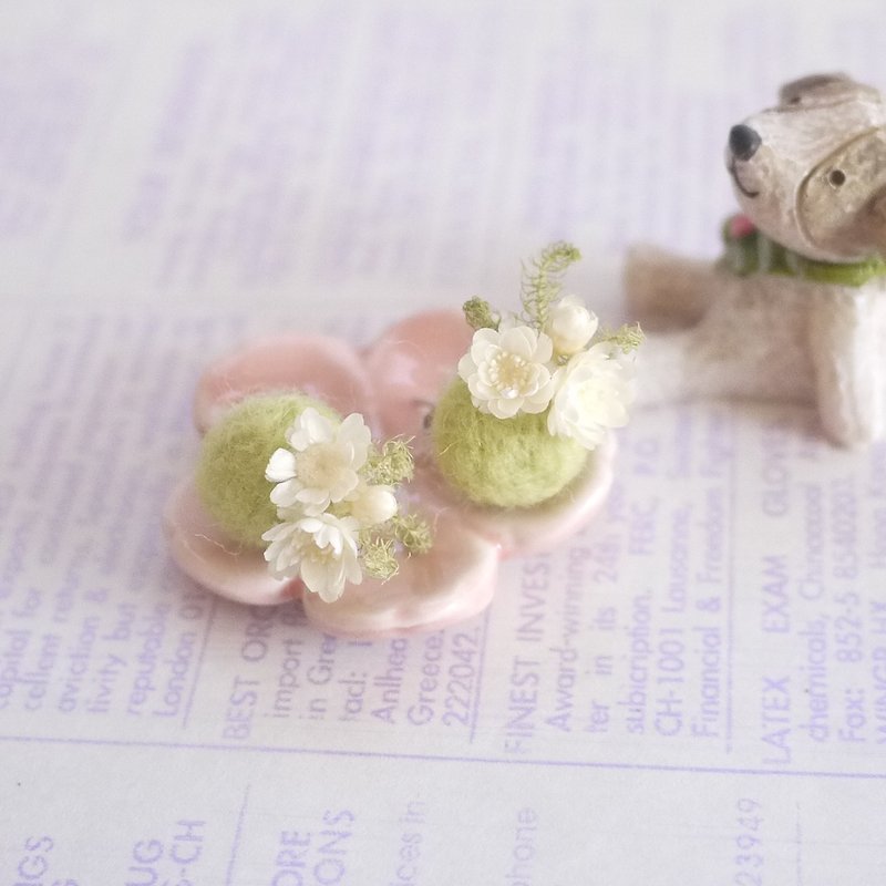 未完待续| 清新 干燥花 耳环 耳针 羊毛毡 女孩 - 耳环/耳夹 - 植物．花 绿色