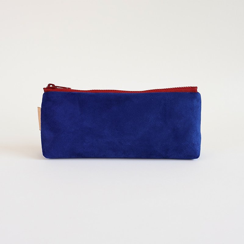 手工制作蓝色麂皮布料X红色棉布笔袋 - 铅笔盒/笔袋 - 其他材质 蓝色