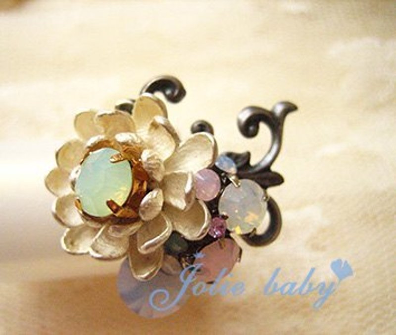 [Jolie baby]藕藤银莲---三色银莲荷花朵蛋白彩钻雕花戒 - 戒指 - 其他材质 