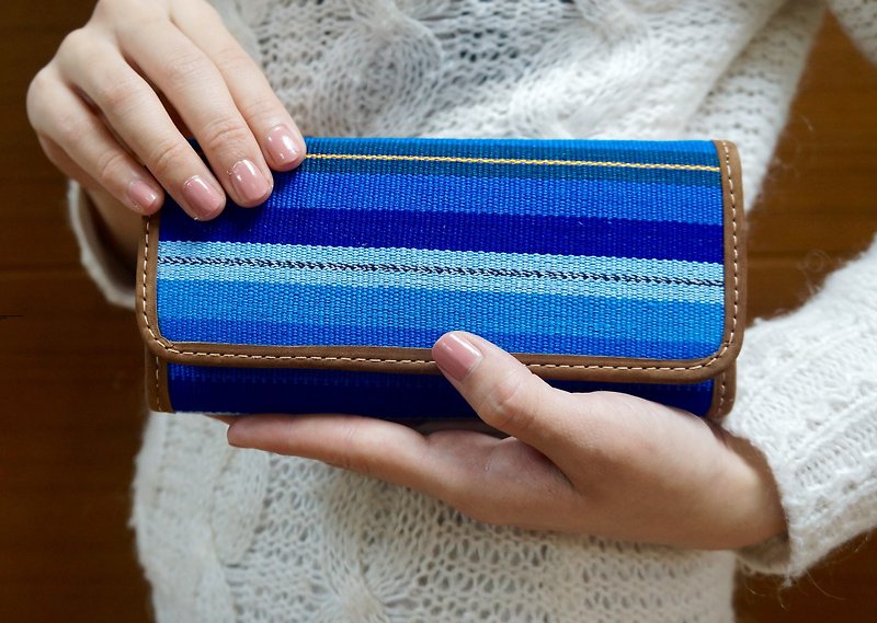 玛雅刺绣皮革长皮夹条纹系列- 海洋蓝 MA19 - 皮夹/钱包 - 真皮 