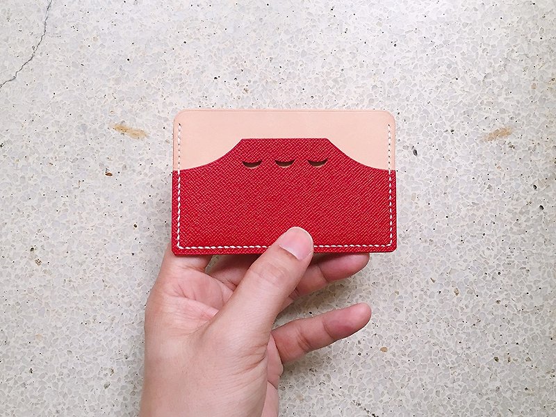 手工缝制日落染红色牛皮皮革富士山名片卡夹 - 名片夹/名片盒 - 真皮 红色