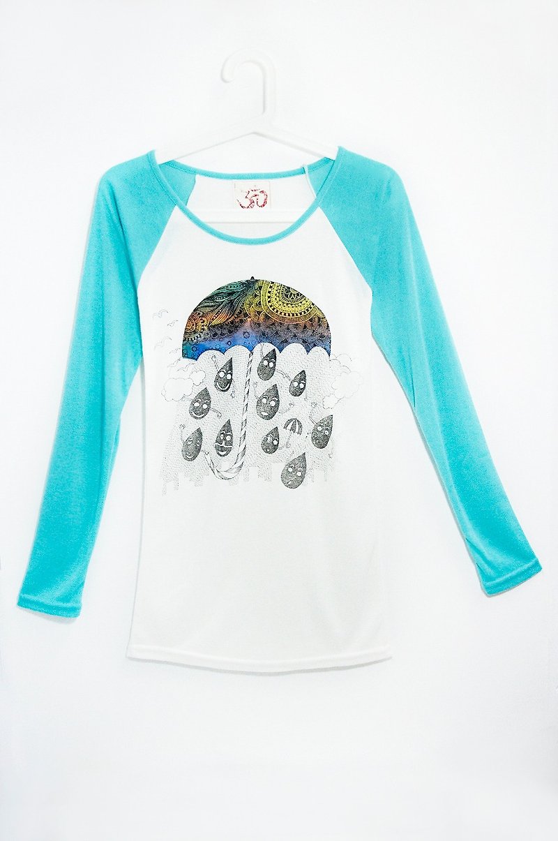 手感运动风撞色棒球长袖上衣 - 雨季的庆典 - 女装 T 恤 - 棉．麻 蓝色