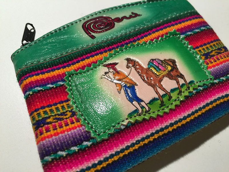 秘鲁多彩织纹拼接真皮个性拉链置物包-绿 - 皮夹/钱包 - 其他材质 绿色