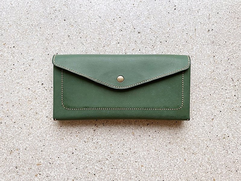 青苔绿X蓝色手工缝制牛皮信封式长夹拉链零钱钱包 - 皮夹/钱包 - 真皮 绿色