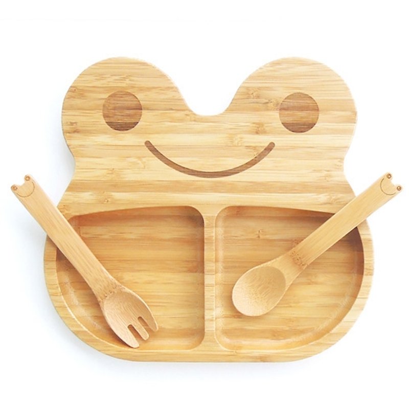 【LABOOS 乐铺】竹制儿童餐具幸福微笑蛙  餐盘  汤匙 叉子 - 浅碟/小碟子 - 竹 绿色