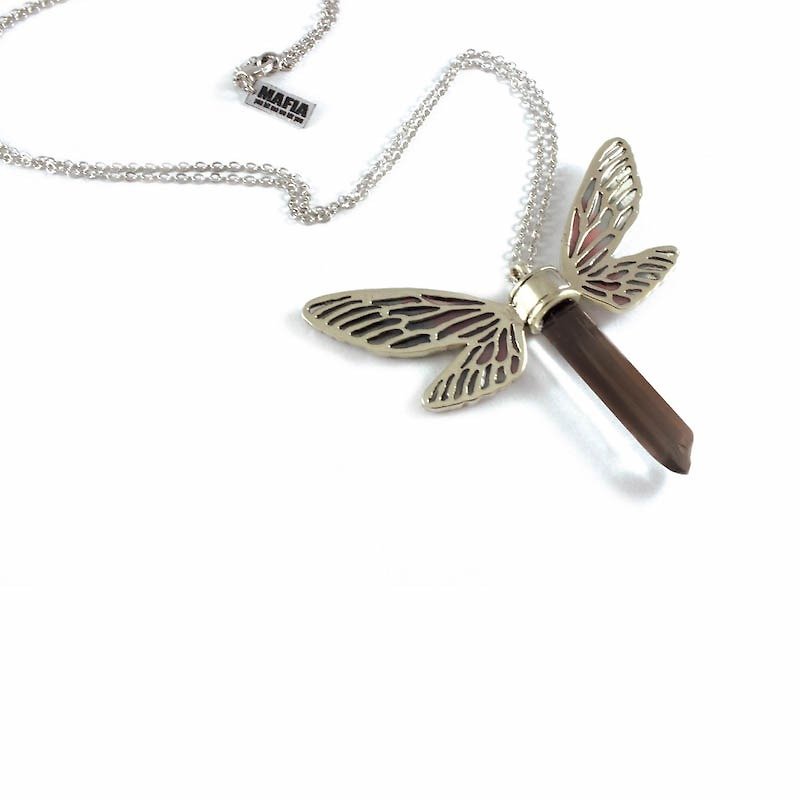 White bronze Dragonfly wing pendant with smoky raw quartz stone and enamel color - 项链 - 其他金属 