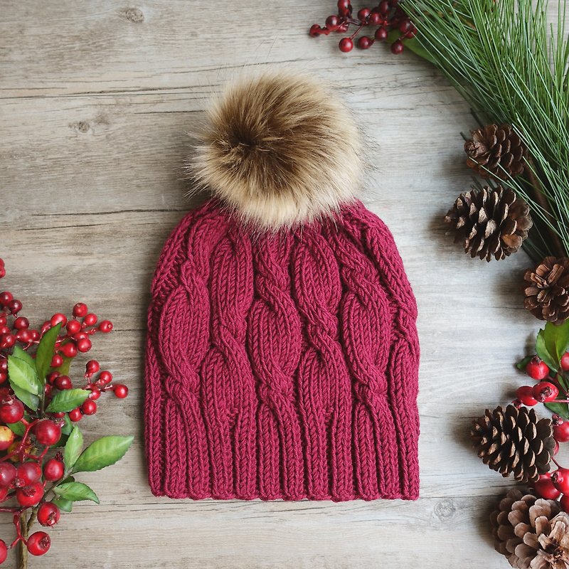 经典麻花编织毛帽/100%美丽诺羊毛/成人尺寸 - 帽子 - 羊毛 红色