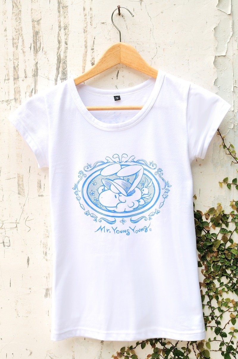 ☁湖水蓝羊羊图腾-直筒S - 女装 T 恤 - 其他材质 白色