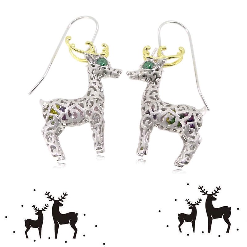 HK054~  925银圣诞鹿造型耳环 - 耳环/耳夹 - 银 多色