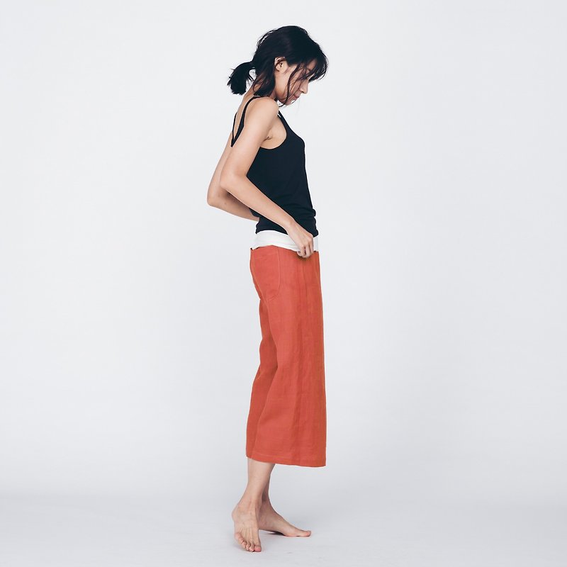 亚麻七分裤 - 橘 - 女装长裤 - 棉．麻 红色