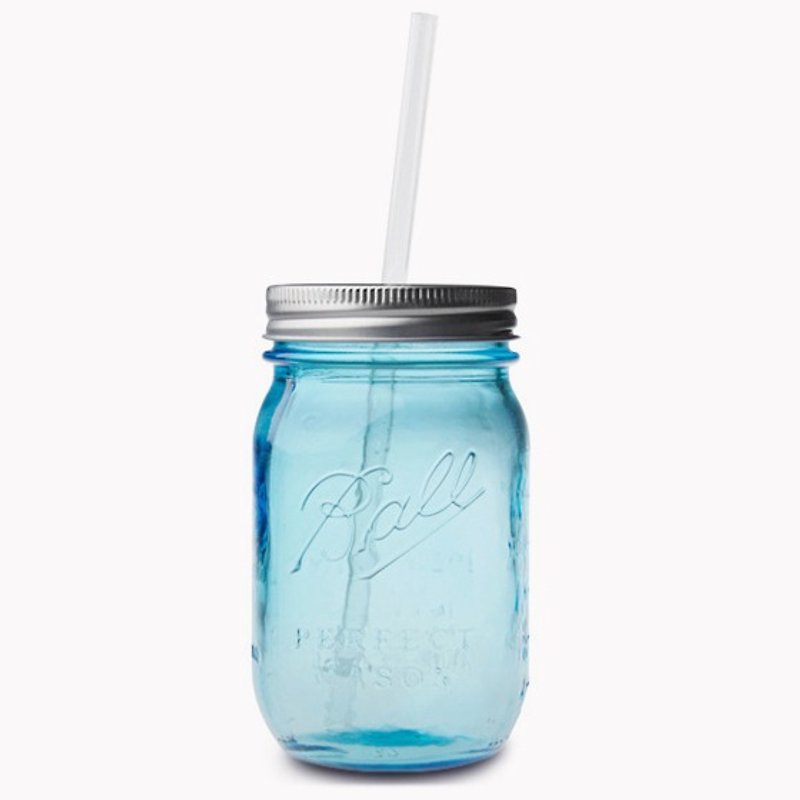 480cc【MSA 蓝色BLUE100周年纪念版~】Ball Jar 复刻玻璃罐饮料瓶(送玻璃环保吸管) 加赠一个无孔盖 - 环保吸管 - 玻璃 蓝色
