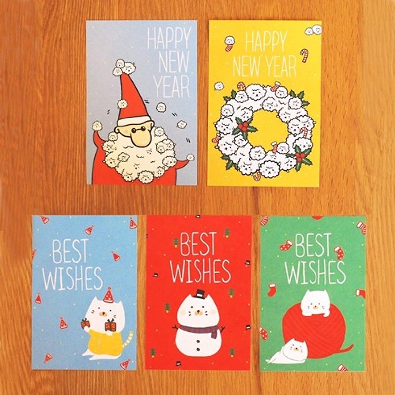 *Mori Shu* 圣诞新年卡套装组-包子猫咪与泡泡羊的圣诞patty（五入/含信封） - 卡片/明信片 - 纸 多色
