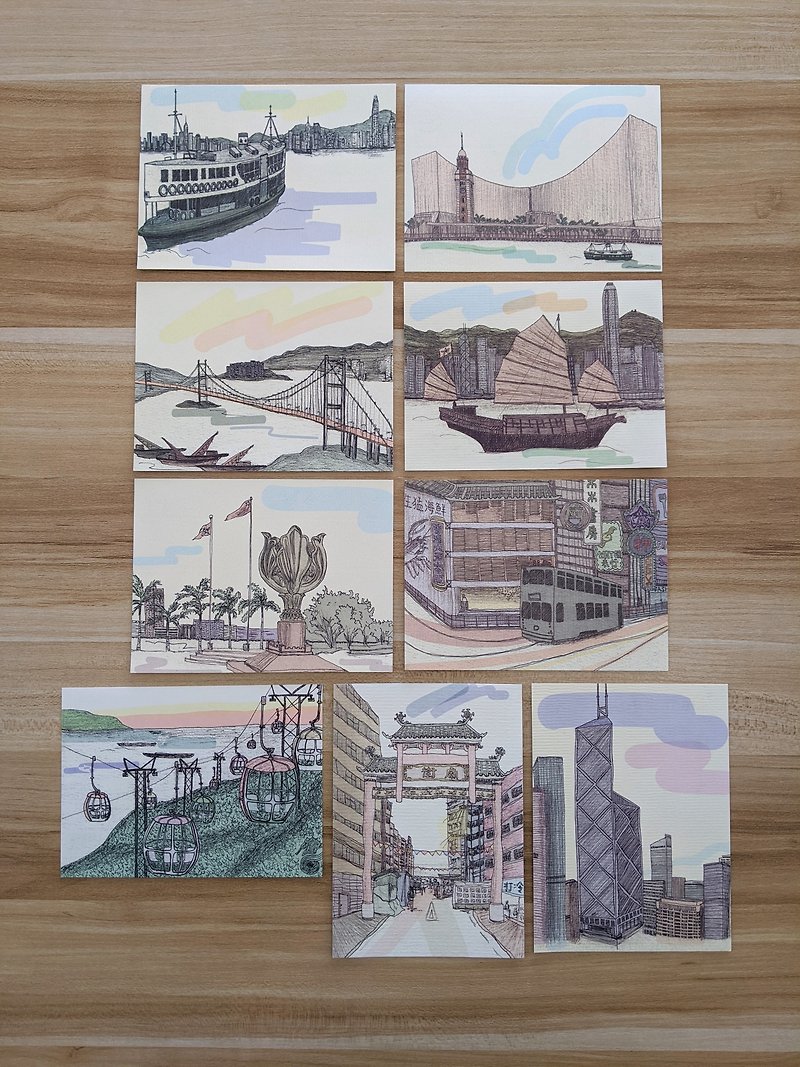 手绘明信片 – 香港风景 - 十张套装 - 卡片/明信片 - 纸 多色