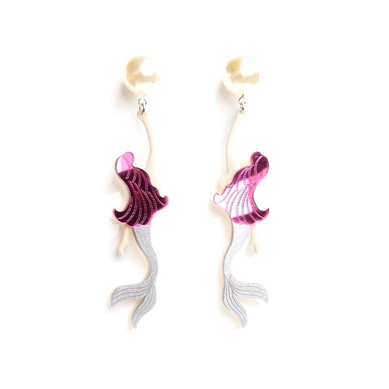 美人鱼珍珠耳环 - 耳环/耳夹 - 塑料 粉红色