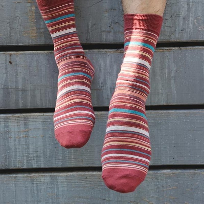 林果良品 条纹绅士袜 砖红色 - 绅士袜 - 棉．麻 红色