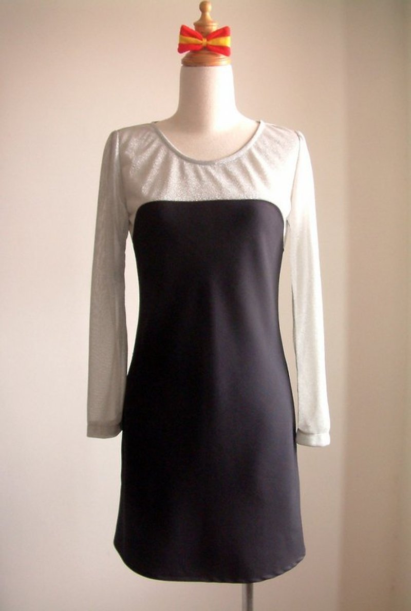 银色剪接小洋装 - 洋装/连衣裙 - 其他材质 黑色