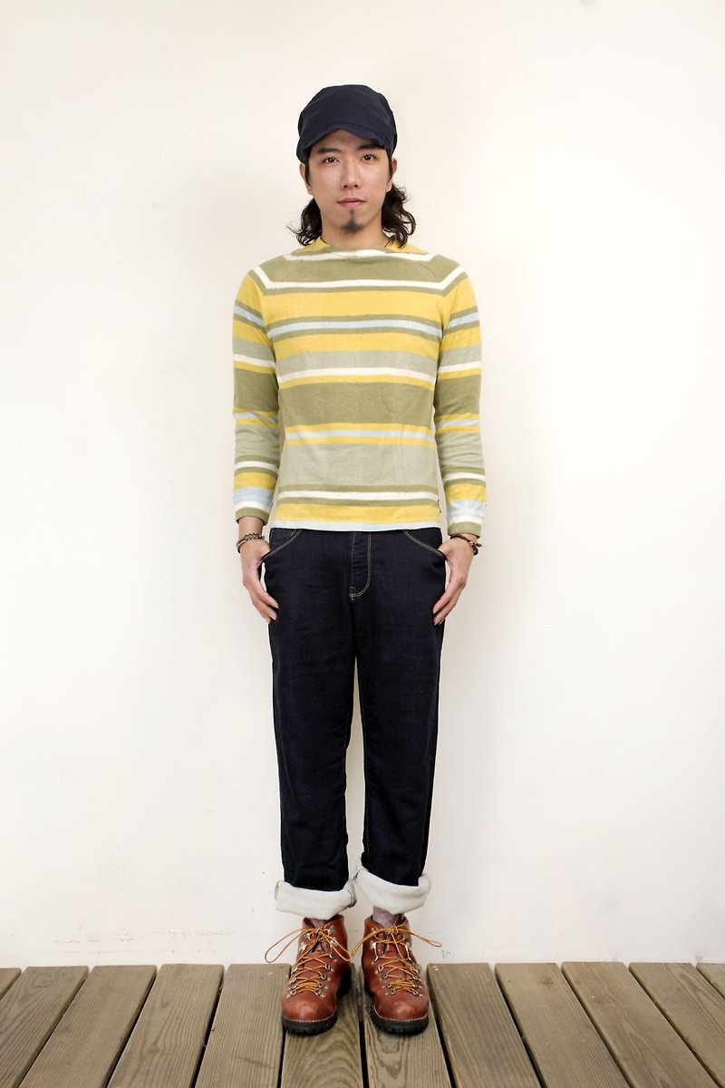 Gohemp 染色条纹长T-黄绿（剩男S） - 男装上衣/T 恤 - 棉．麻 黄色