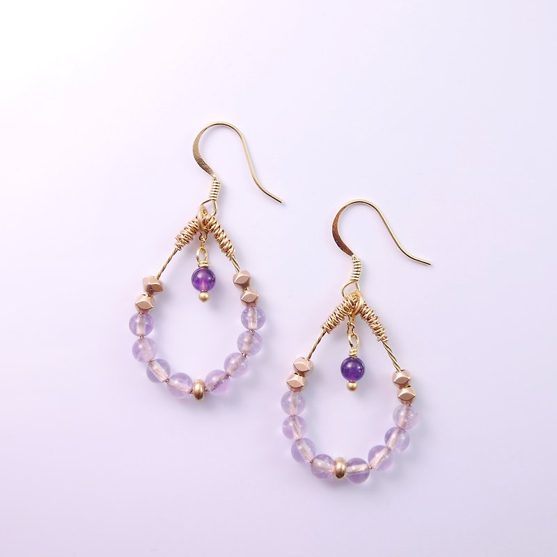 【ColorDay】粉粉Joy系列~双色紫水晶水滴型纯铜耳环 - 耳环/耳夹 - 其他材质 紫色