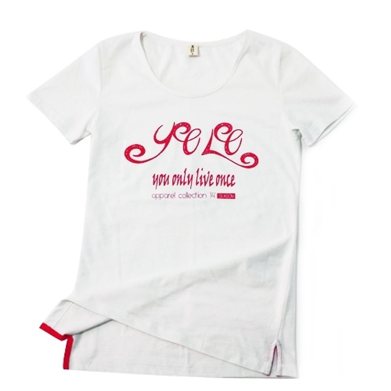 YOLO (红) - 女装 T 恤 - 棉．麻 白色