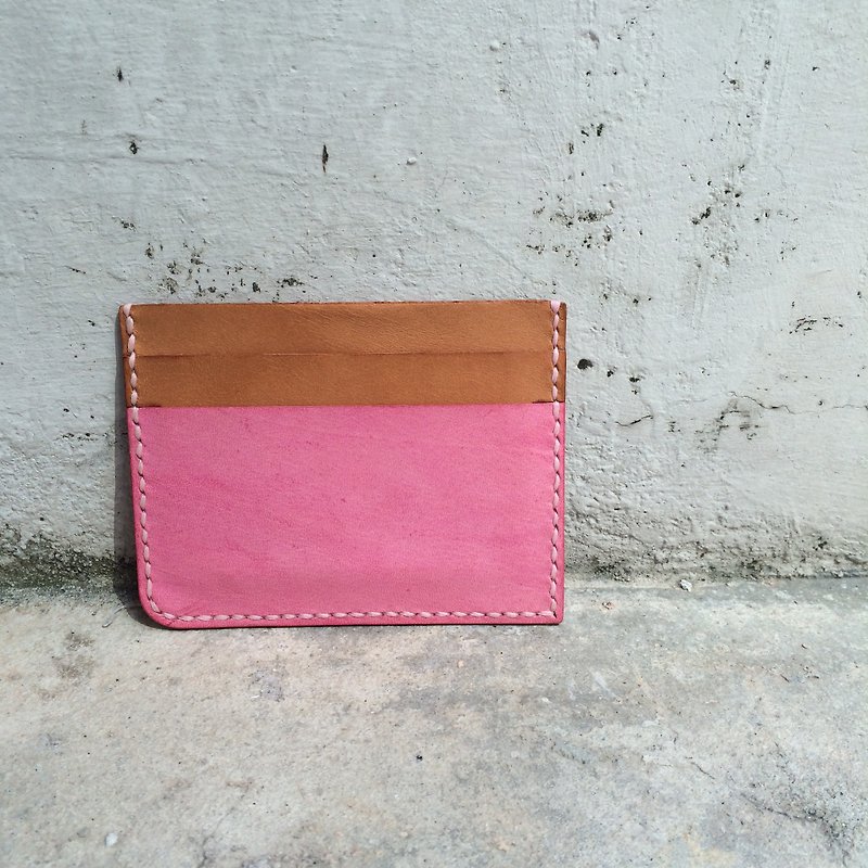 cottontail // 手工皮革拼色5卡位卡包 - 皮夹/钱包 - 真皮 粉红色