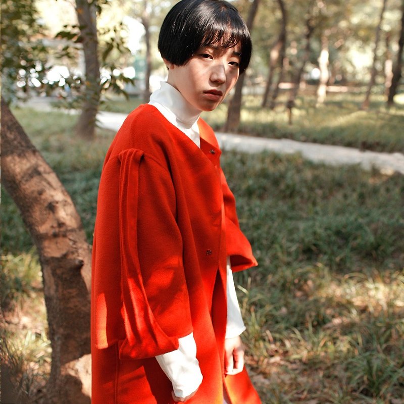 BUDU不渡原创设计 橘红色立体装饰手工双面中长毛呢大衣 - 女装休闲/机能外套 - 羊毛 红色