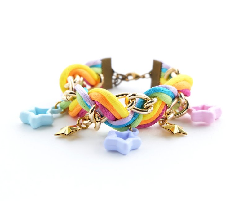Rainbow and chain braided bracelet with stars - 手链/手环 - 其他材质 多色