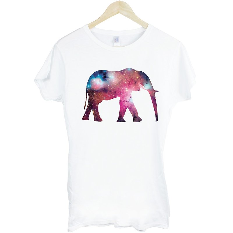 Elephant-Galaxy女生短袖T恤-白色 大象 银河系 宇宙 太空 动物 抽象 设计 艺术 插画 文青 - 女装 T 恤 - 棉．麻 白色