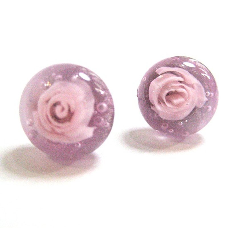 粉红玫瑰手工琉璃耳环 - 耳环/耳夹 - 玻璃 粉红色