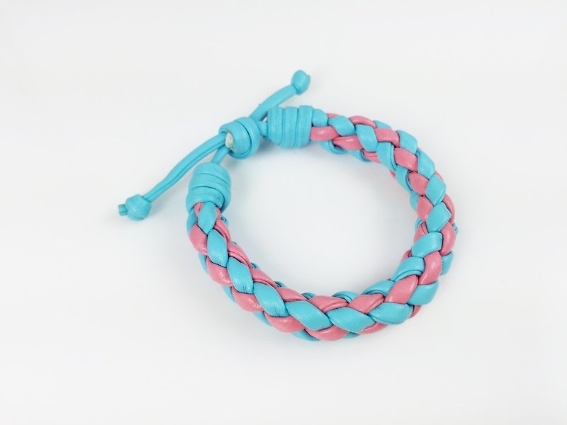 粉色浅蓝四股编绳 - 手链/手环 - 真皮 粉红色