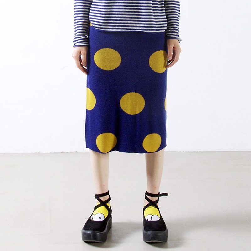 撞色黄点点蓝色羊毛半身裙 - imakokoni - 裙子 - 羊毛 蓝色