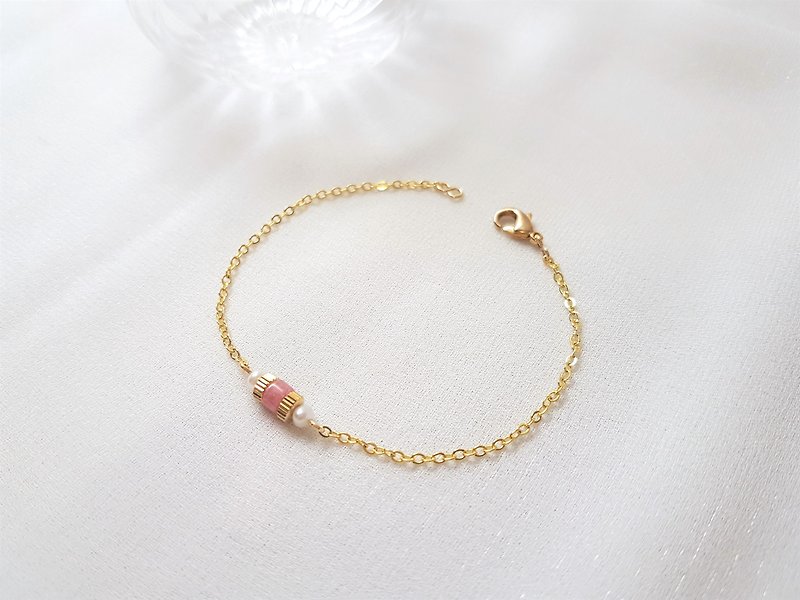 芙蓉花艳 · 玫瑰石 黄铜 珍珠 细手链 - 手链/手环 - 半宝石 粉红色