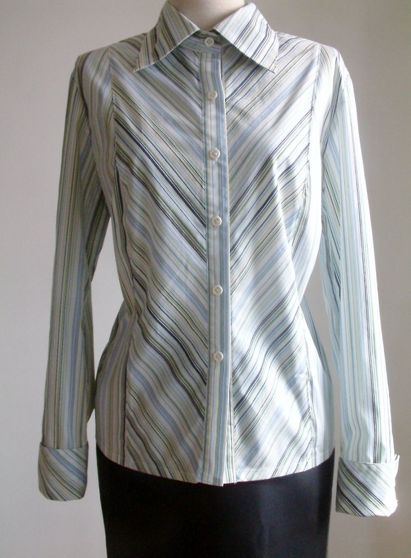 条纹长袖衬衫-蓝绿调 - 女装衬衫 - 其他材质 多色